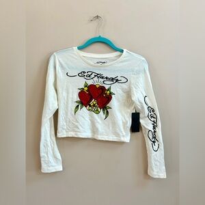 NWT Ed Hardy Rhinestone Heart Long Sleeve Crop Top, Cropped Shirt, Y2K Style